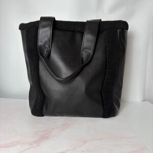 Campsite Black Faux Leather Tote Bag Sherpa Trim‎